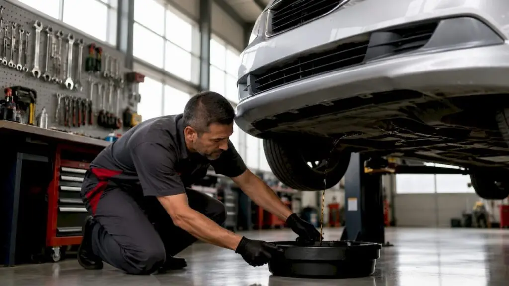 Mechanic performing quick oil change in garage