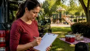 Mother checking family vehicle maintenance checklist outdoors