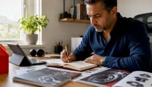 Man comparing car service options at kitchen table