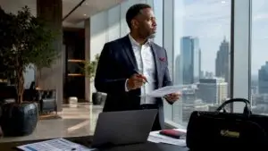 Fleet manager reviewing bulk oil discount documents