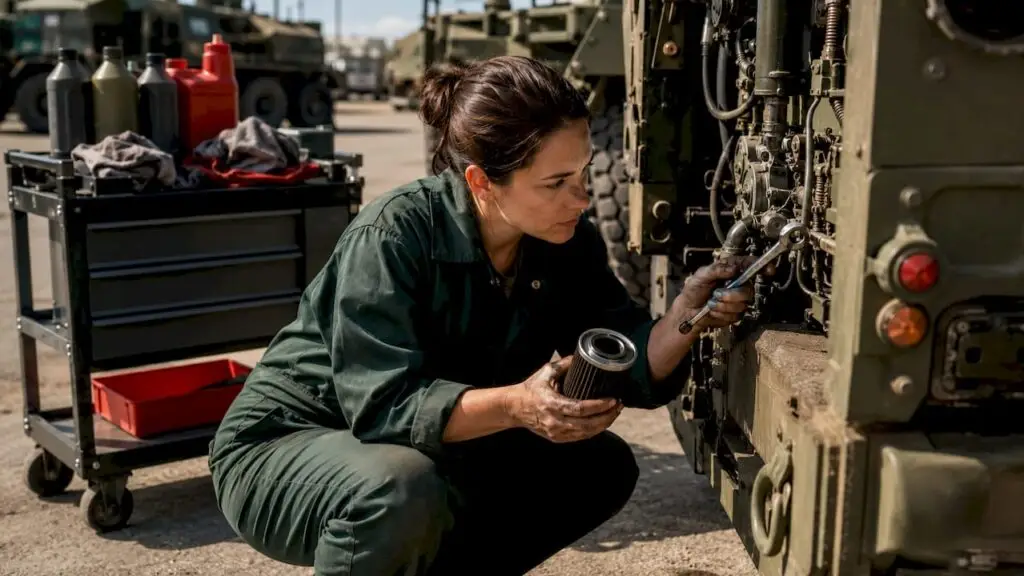 Mechanic inspecting vehicle oil during deployment