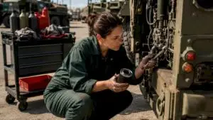Mechanic inspecting vehicle oil during deployment
