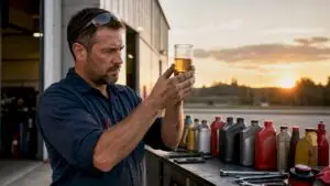 Technician inspecting engine oil viscosity test container