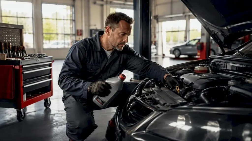 Mechanic checking motor oil in engine bay