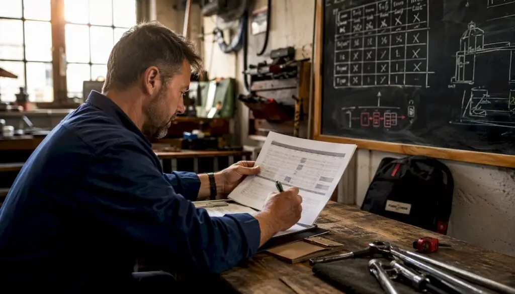 Man reviewing maintenance schedule in industrial office