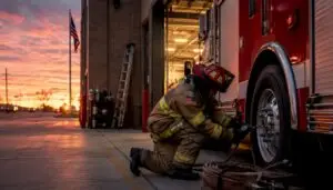 Firefighter inspecting emergency vehicle tire