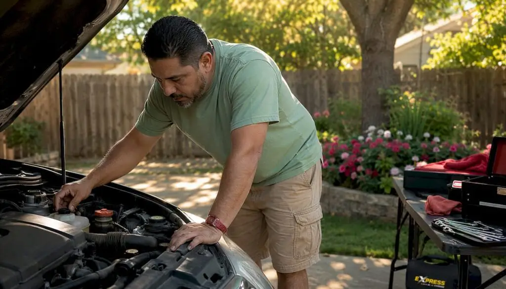 Man inspecting car engine outdoors