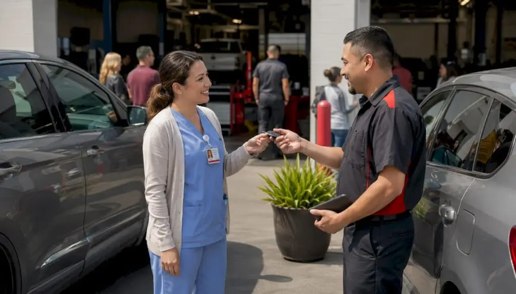 Healthcare worker at quick-lube service bay