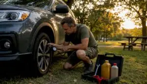 Man checking car tire pressure in driveway