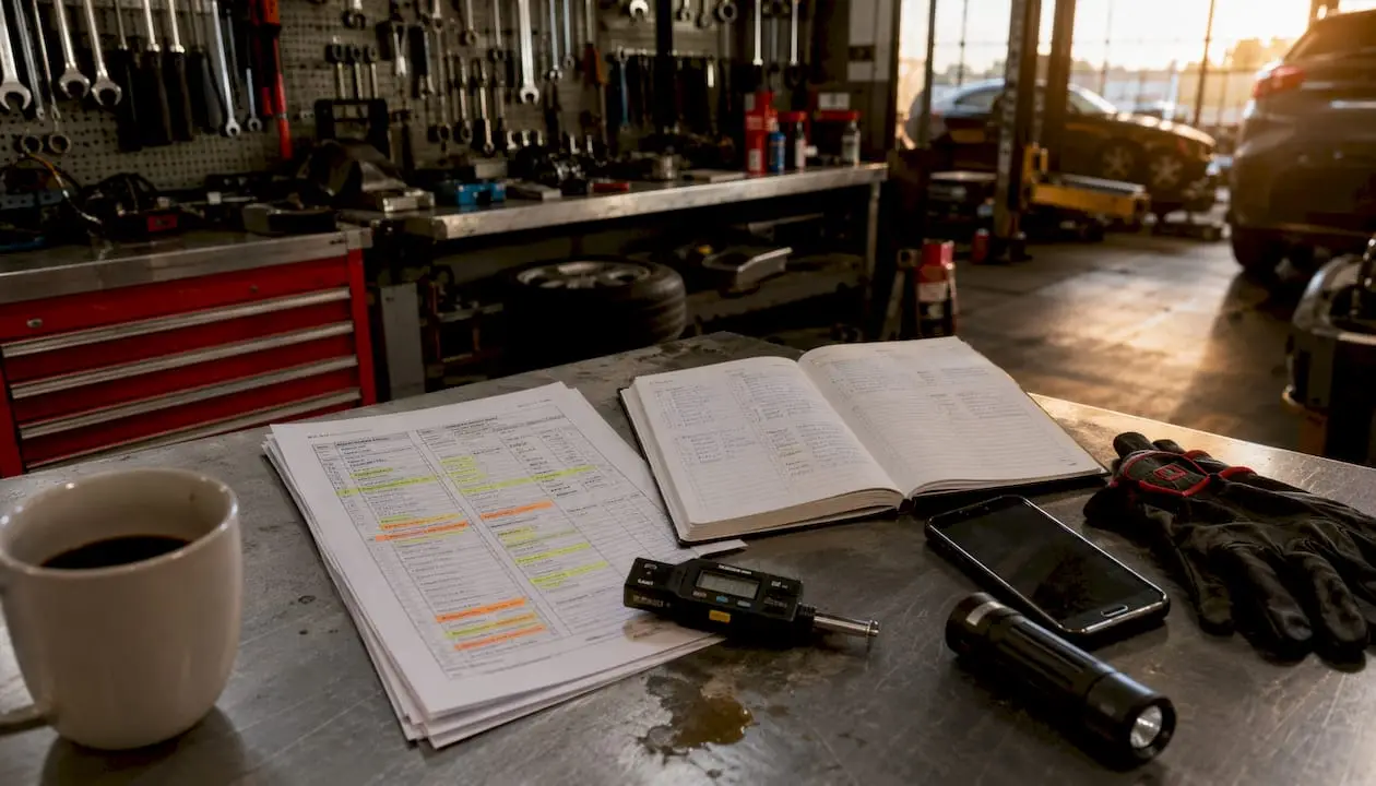 Maintenance checklist and tools on workbench overhead view