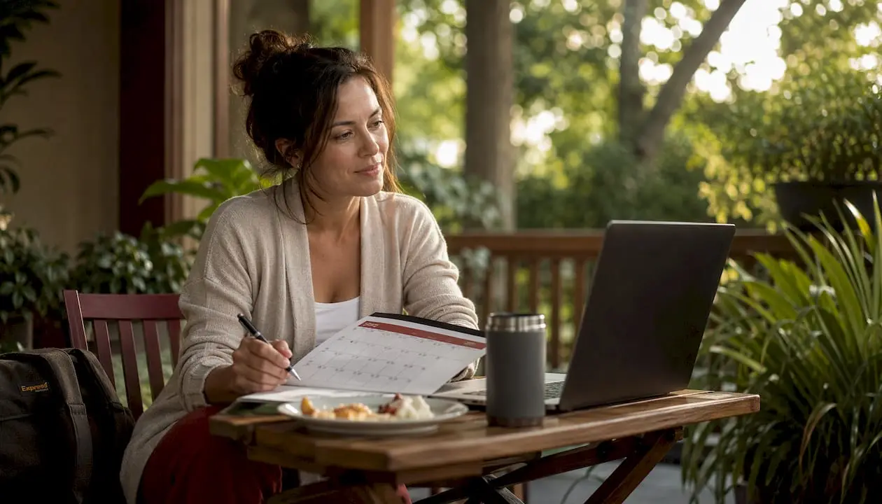 Woman planning car upkeep schedule at kitchen table