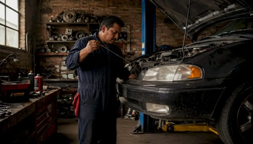 Mechanic inspecting car engine oil consumption