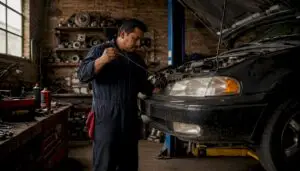 Mechanic inspecting car engine oil consumption