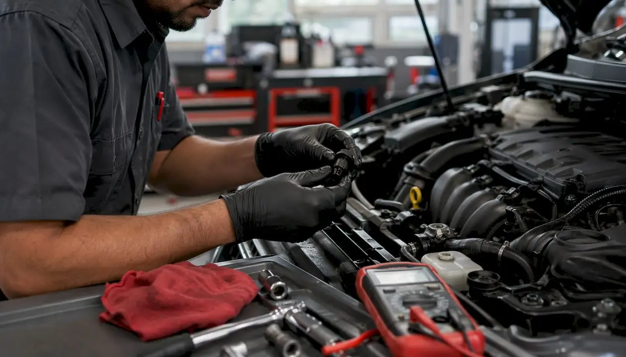 Technician inspecting PCV valve in engine compartment