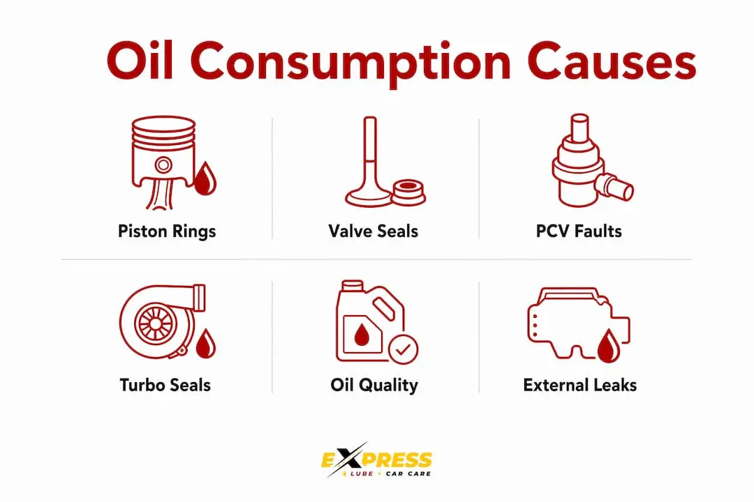 Infographic showing main causes of engine oil consumption