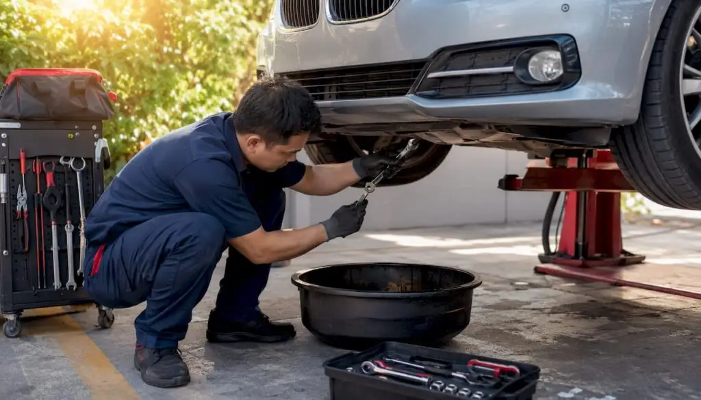 Technician changing oil on a BMW car
