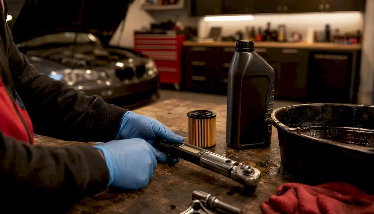 Workbench with BMW oil change tools and hands