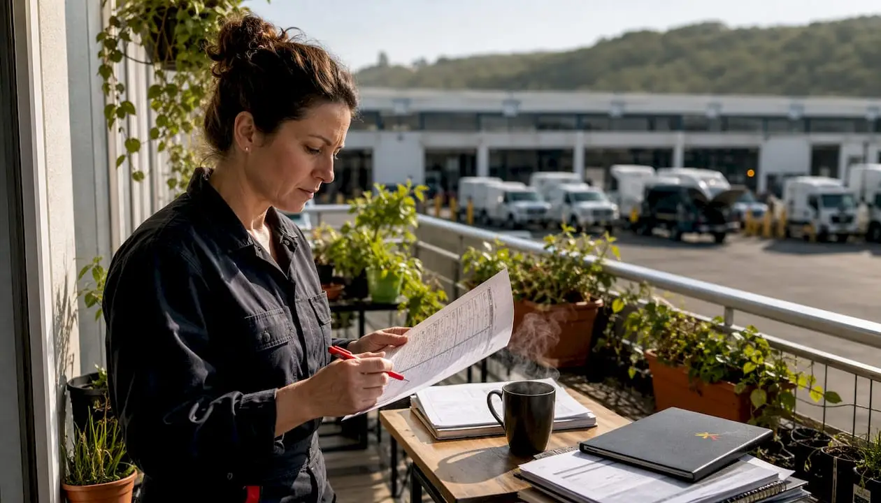 Technician analyzing vehicle service triggers at desk