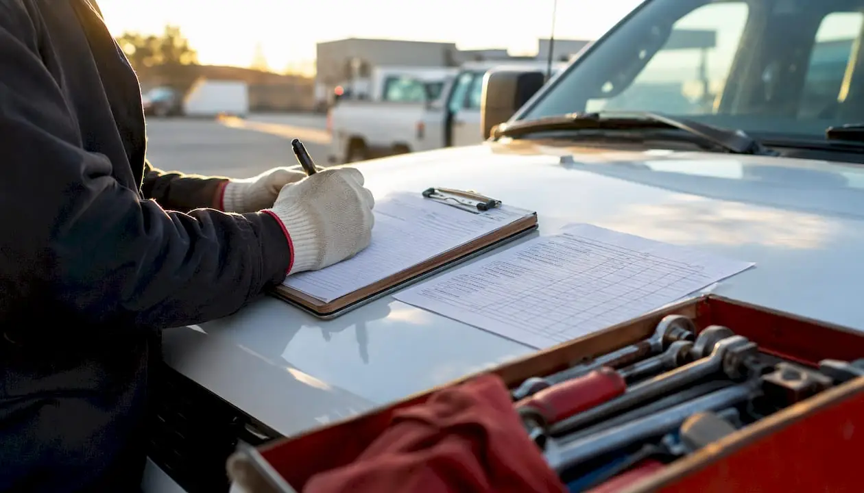 Hands taking oil change data notes on truck hood