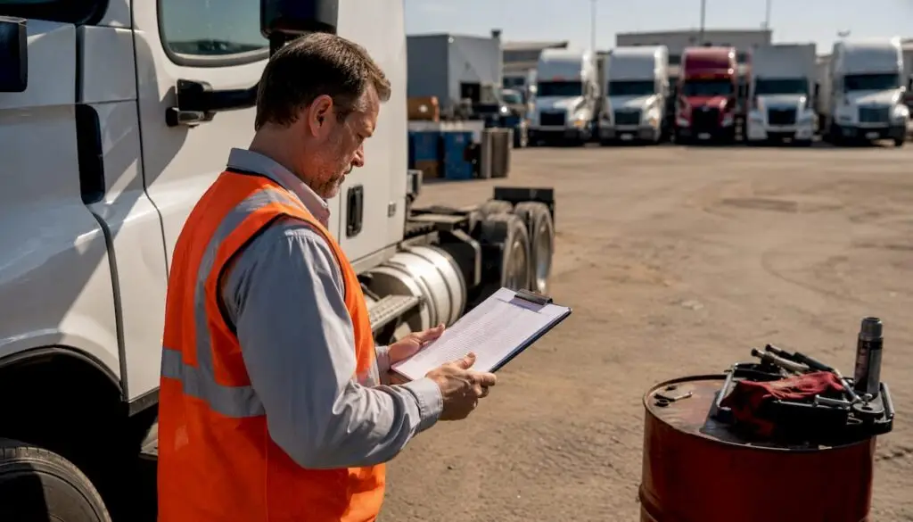 Fleet manager reviewing oil change schedule next to truck