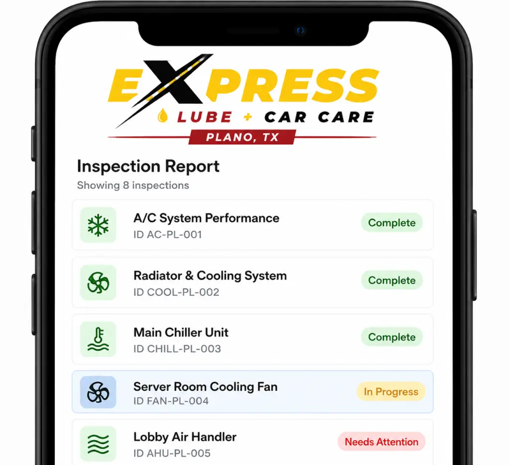 Digital vehicle inspection checklist with photos and technician recommendations at Express Lube & Car Care in Plano, TX.