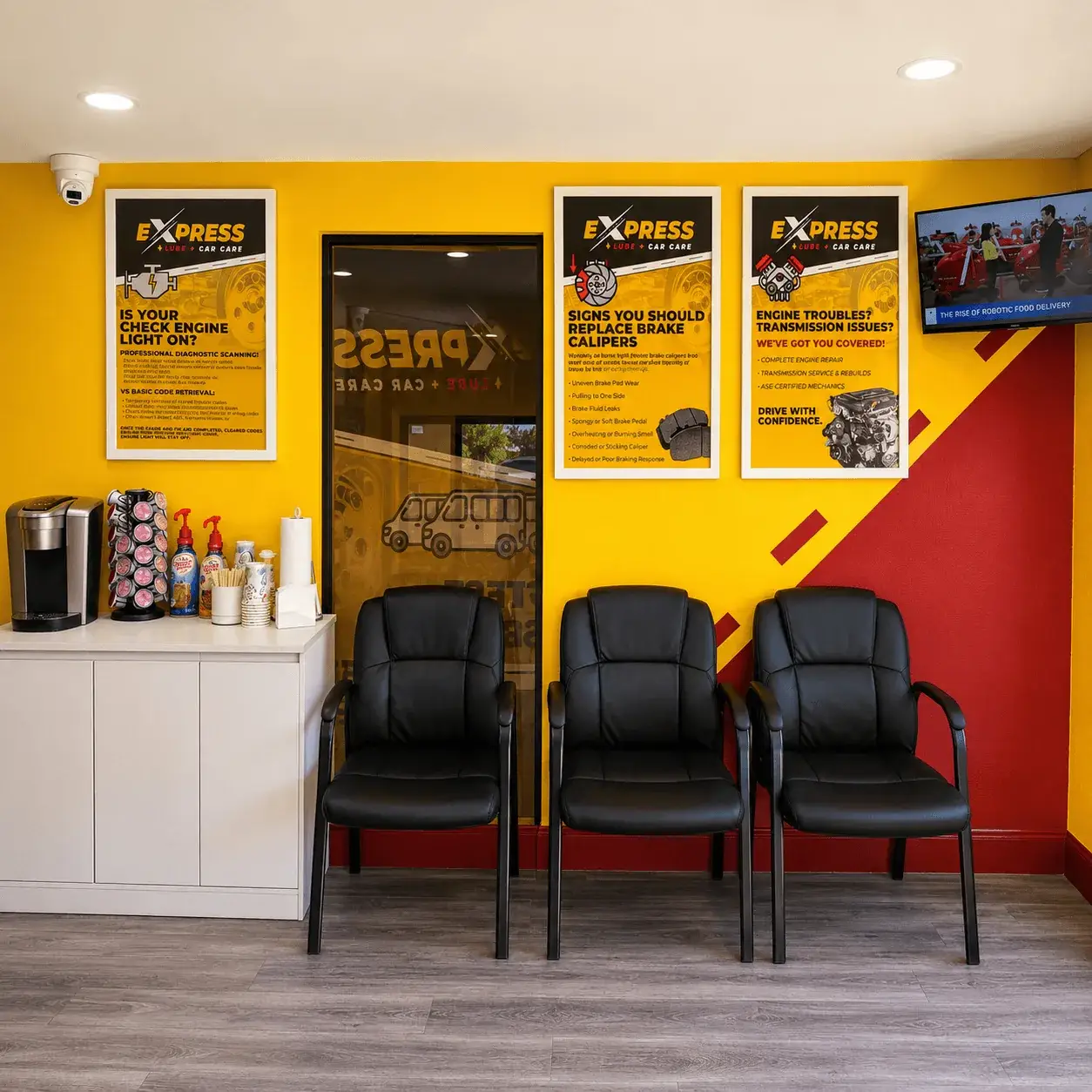 Modern customer waiting area at Express Lube & Car Care in Plano, TX