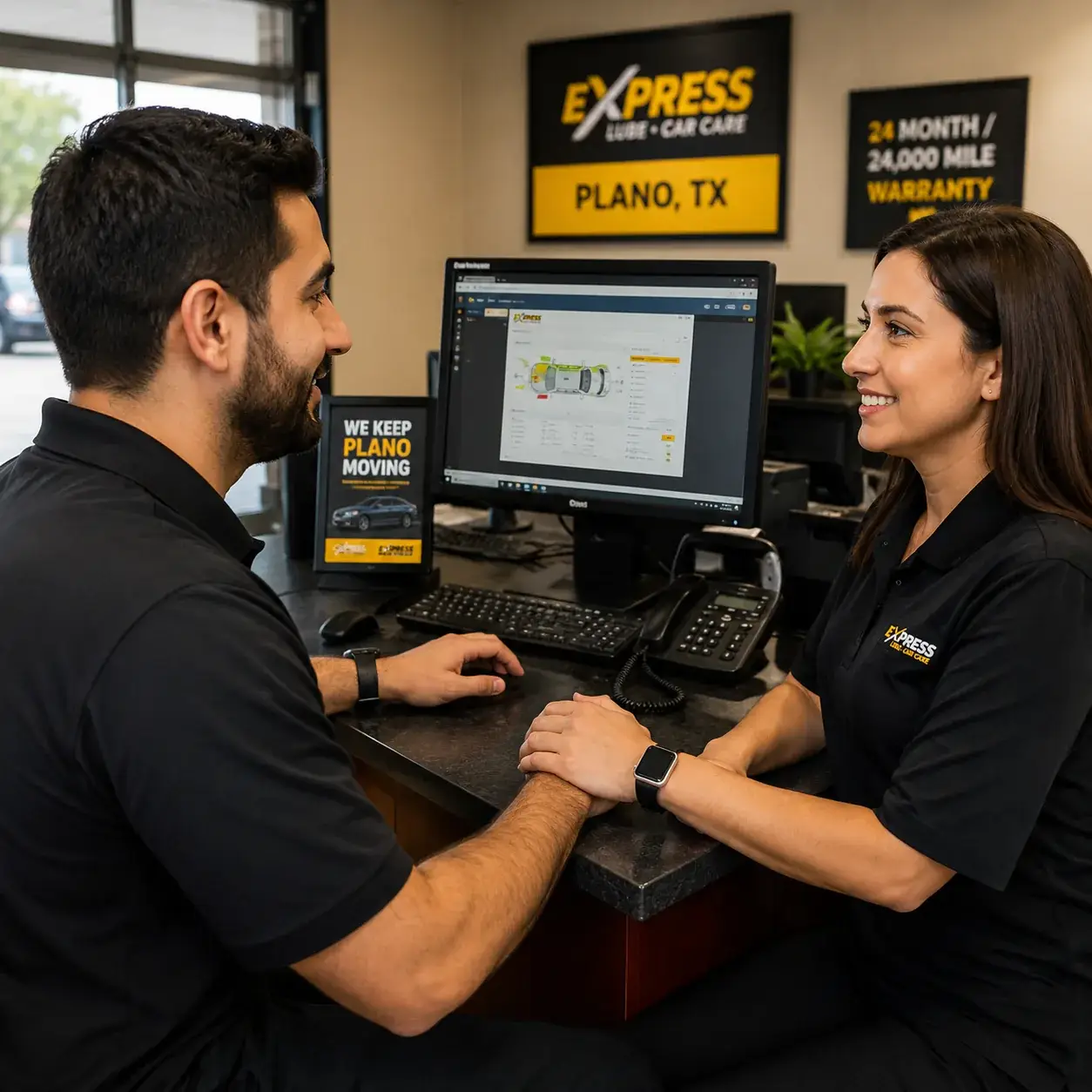 Friendly service advisors assisting customers at Express Lube & Car Care in Plano, TX