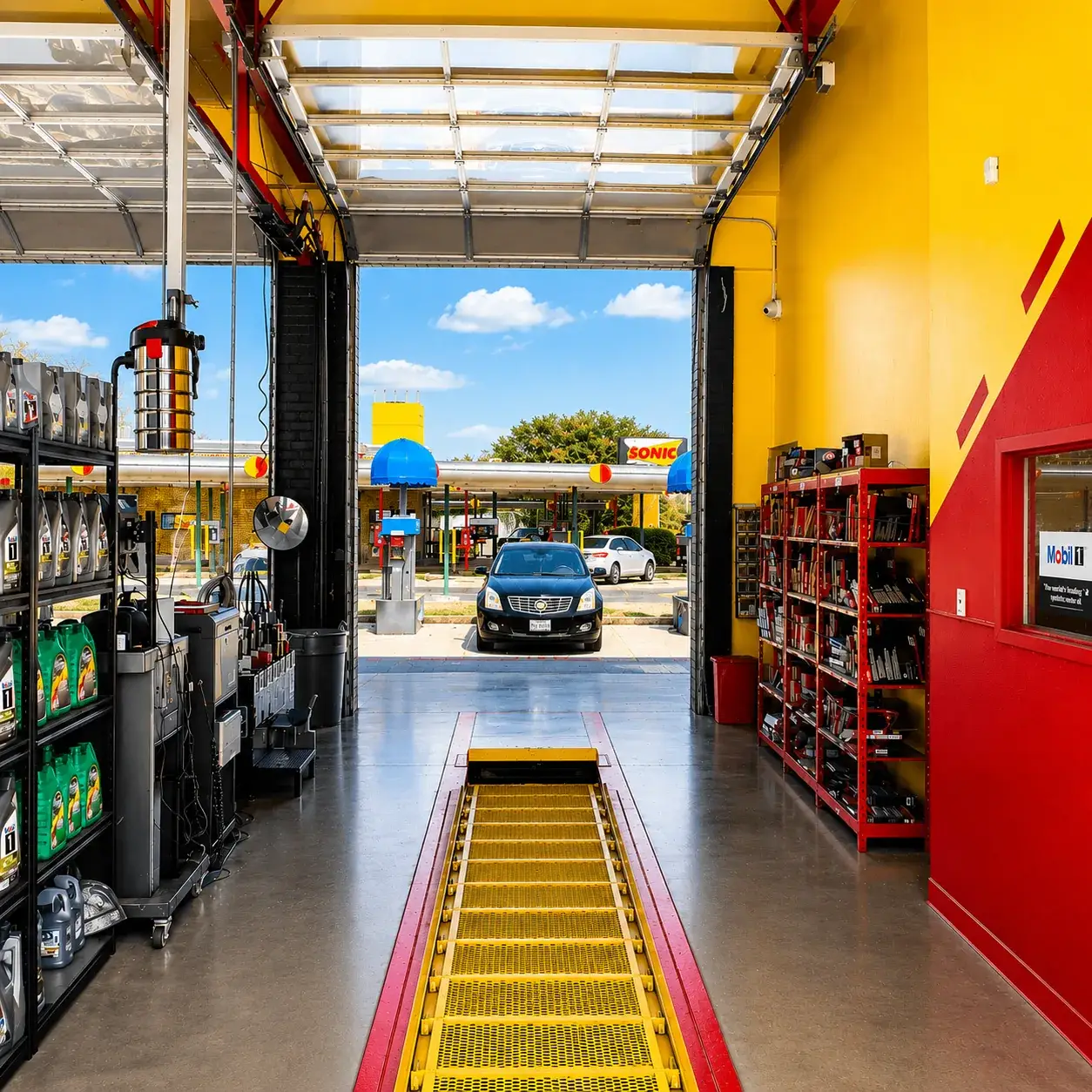 Express Lube & Car Care service bay in Plano, TX with modern equipment and organized work area