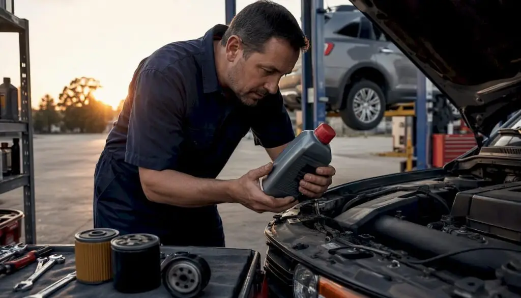 Mechanic inspecting synthetic oil for SUV