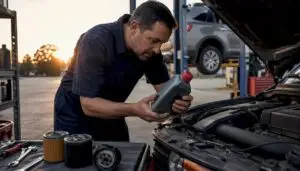 Mechanic inspecting synthetic oil for SUV