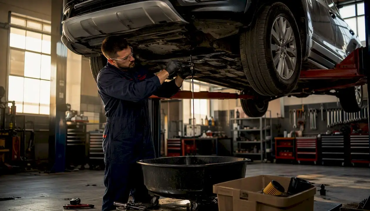 Technician draining used oil from SUV engine