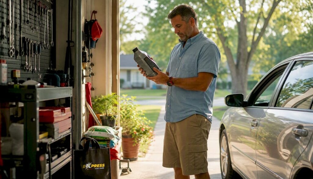 Man inspecting engine oil bottle in garage