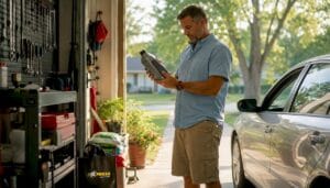 Man inspecting engine oil bottle in garage