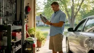 Man inspecting engine oil bottle in garage