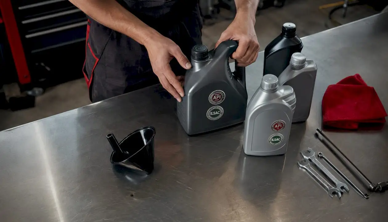 Close-up of hand holding certified motor oil bottles