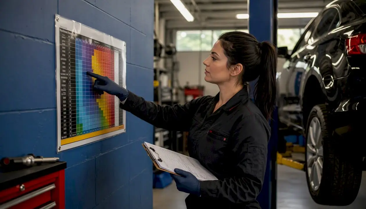 Female technician reviewing oil viscosity chart