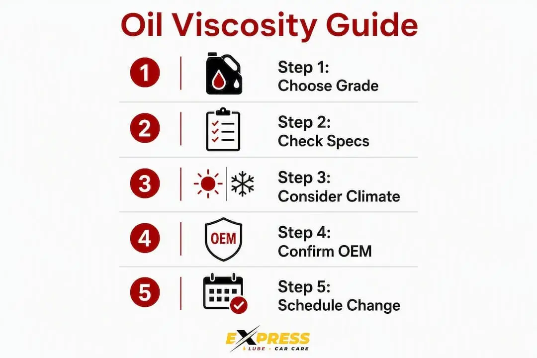 Infographic illustrating step-by-step oil viscosity choices
