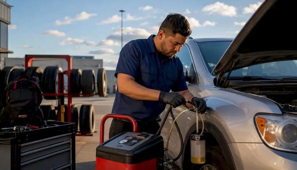 Technician performing brake fluid flush on vehicle