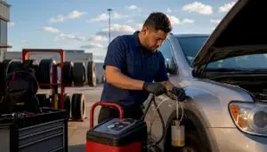 Technician performing brake fluid flush on vehicle