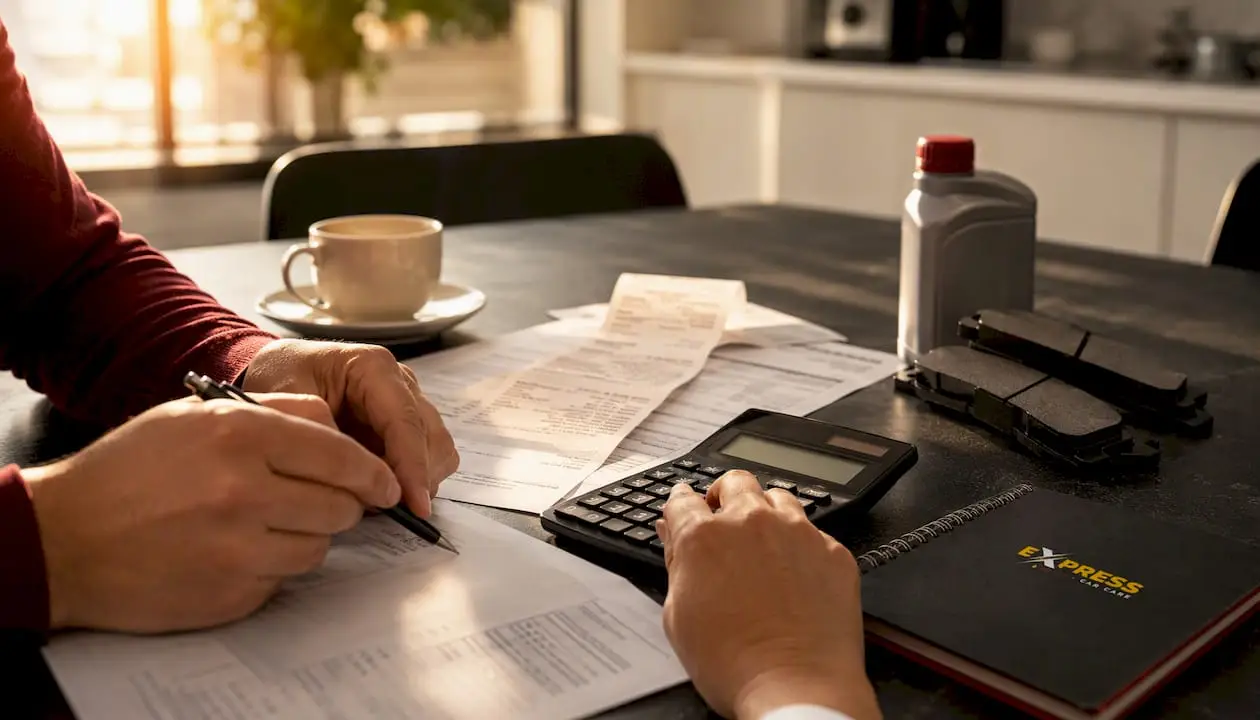Hands calculating brake fluid service costs at desk