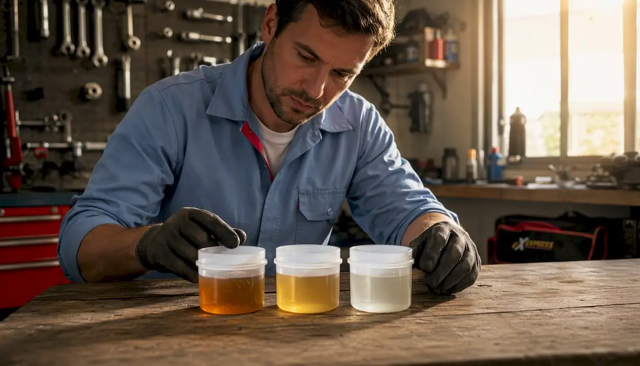Mechanic comparing different brake fluid types