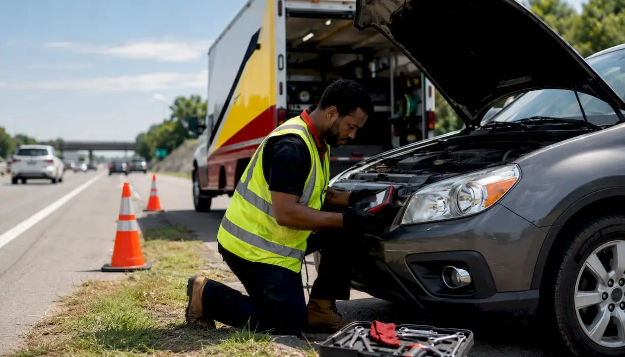 Mobile mechanic diagnosing SUV engine roadside