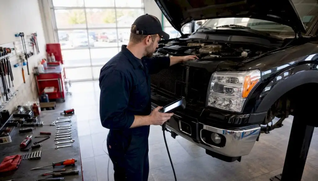 Mechanic inspecting pickup truck engine in garage