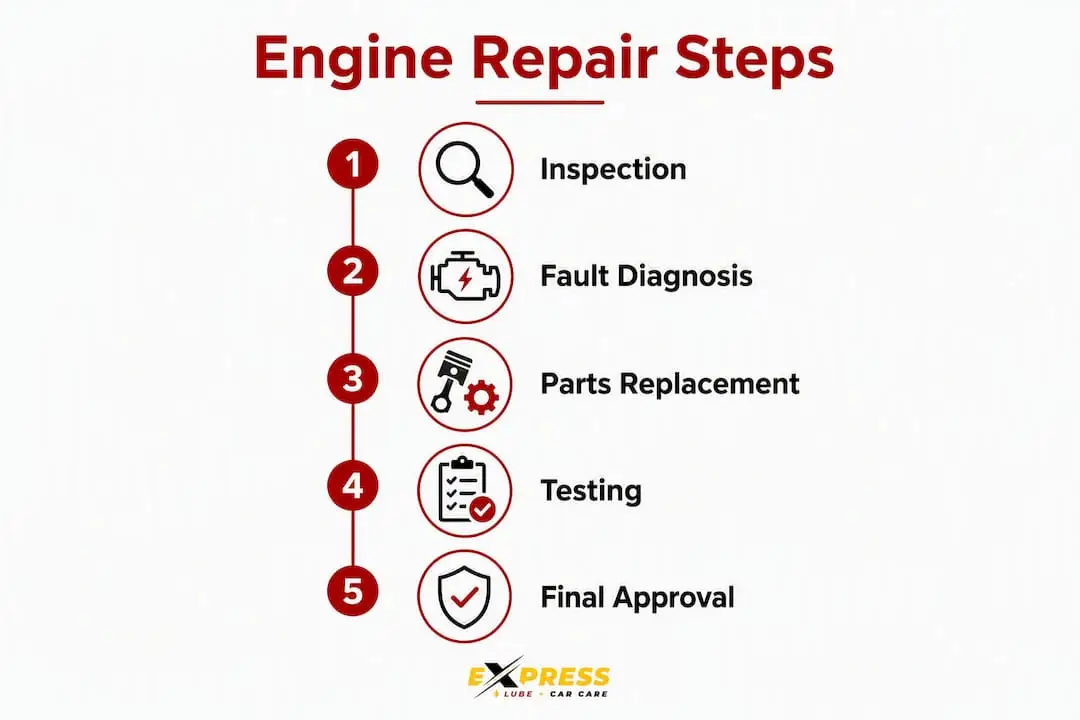 Infographic illustrating engine repair process steps