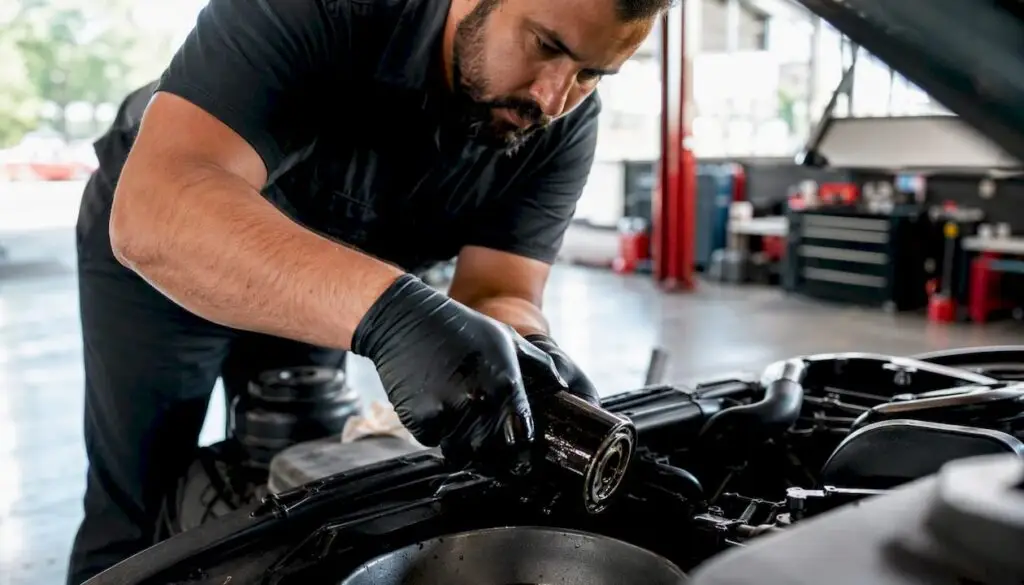Technician changing car oil filter