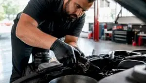 Technician changing car oil filter