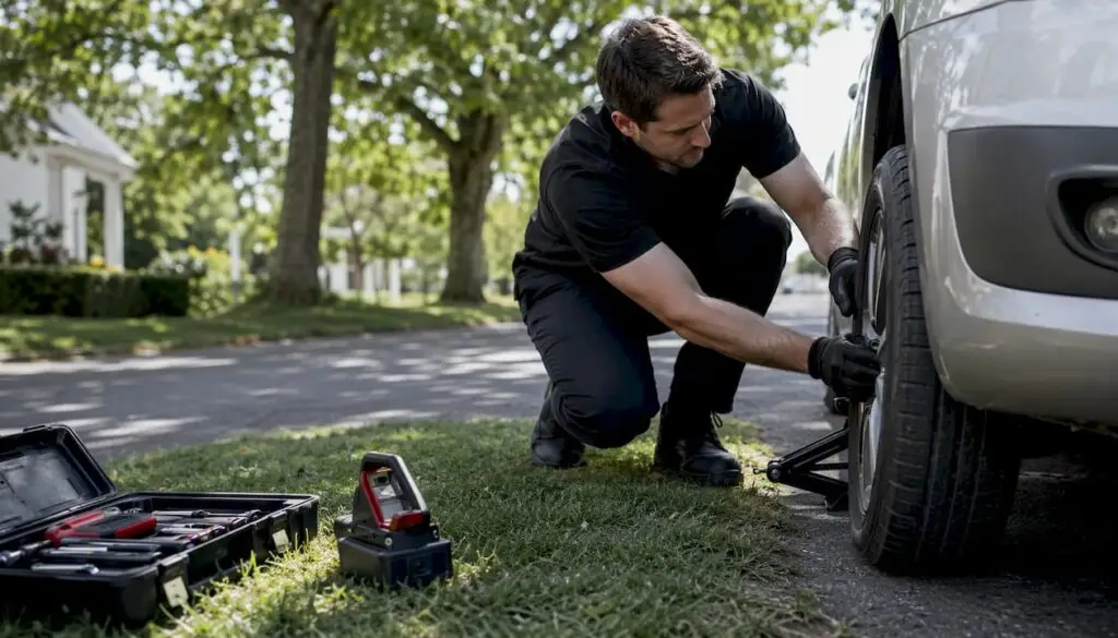 Mobile mechanic changing tire roadside