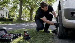 Mobile mechanic changing tire roadside