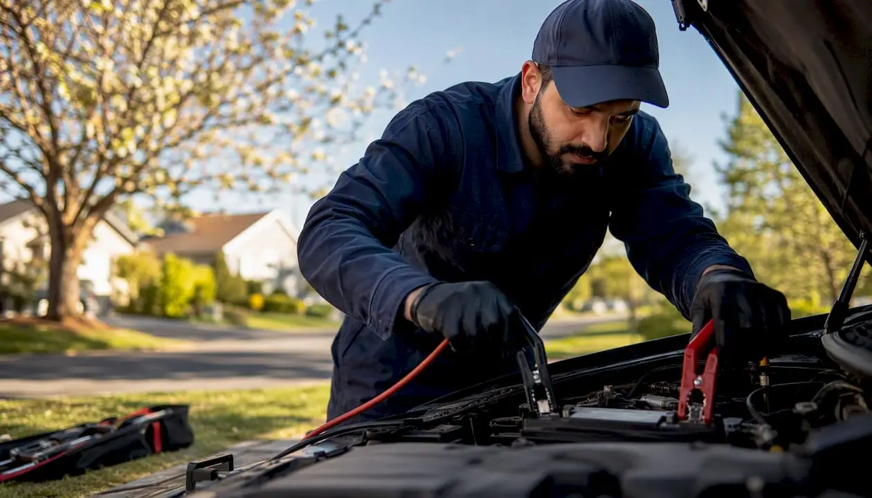 Technician jump-starting car battery