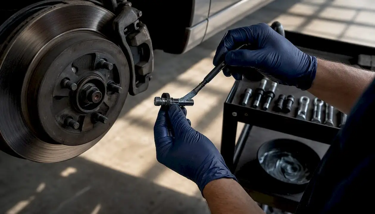 Technician lubricating brake caliper slide pins